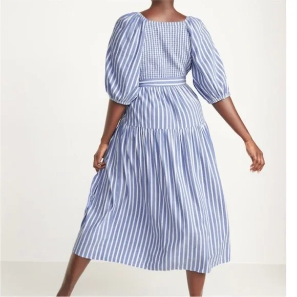 Old Navy Waist-Defined Striped Tie-Belt Midi Wrap Dress in Blue Stripe- Size XL - Picture 2 of 7